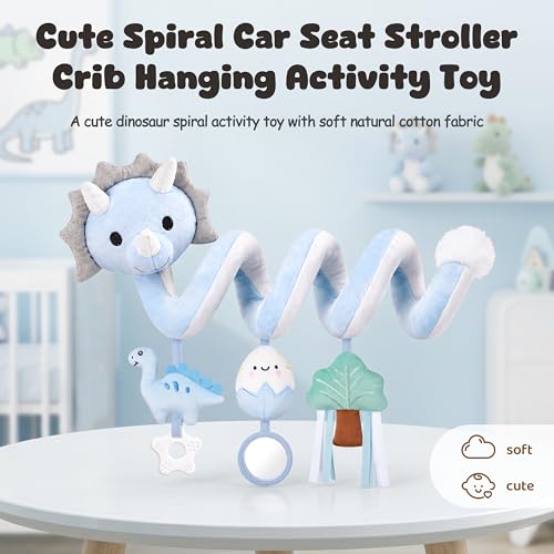 Image of Stuffed Dinosaur Spiral Car Seat Toys Hanging for Babies 0-3 3-6 6-12 Months, Plush Infant Stroller Toy with Silicone Teether, Crinkle and Squeaker, Soft Cute Shower Gifts for Newborn Boys Girls