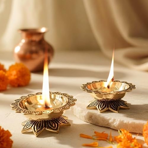 Image of Behoma 100% Pure Brass Padma Diya Set of 2 for Puja | Traditional Handcrafted Lotus Shape Oil Lamp Diya for Home, Temple, Office, Pooja Room Decoration, Festive Rituals & Housewarming Gift Item