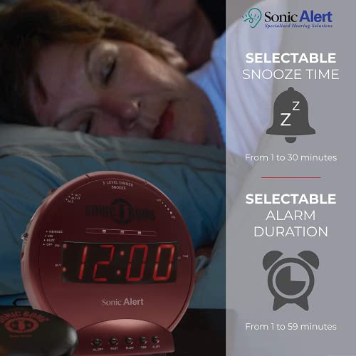 Image of Sonic Alert Sonic Bomb Dual Alarm Clock with Bed Shaker, Red Vibrating Alarm Clock Heavy Sleepers, Battery Backup | Wake with a Shake