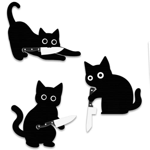 Conjunto de 3 decorações de parede de Halloween com design de gato preto, arte de parede de madeira para casa, decoração de Halloween assustadora e adorável para portas, entradas e paredes. Presente