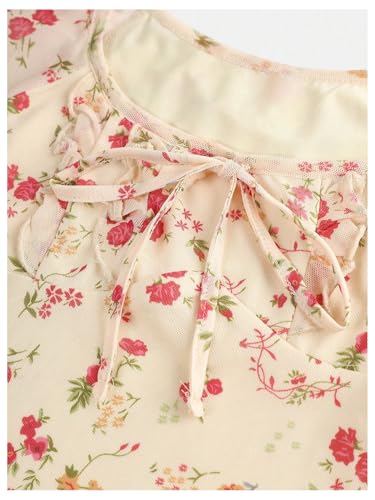 SweatyRocks Girl's Floral Print Mesh Summer Dresses Tie Front Ruffle Sleeve A Line Short Dress4