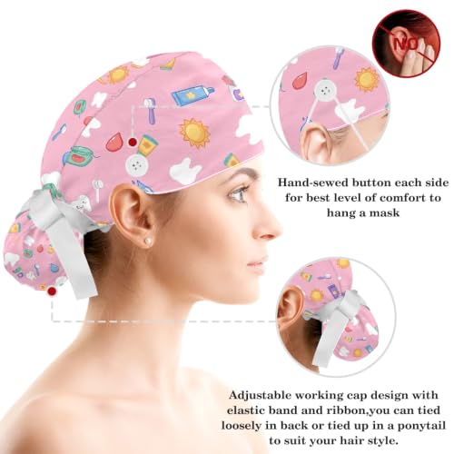 Image of Butterfly Scrub Cap Women with Ponytail & Buttons Adjustable Surgical Nurse Hat with Cotton Sweatband for Long Hair