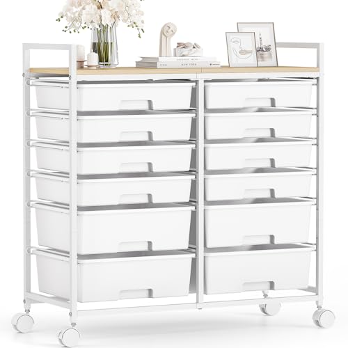 Rolling Storage Cart with 12 Drawers, Wooden Tabletop Utility Cart for Craft Storage, Art Supply Storage & Home Office Organization, Teacher Cart with Wheels for Classroom, School (White)