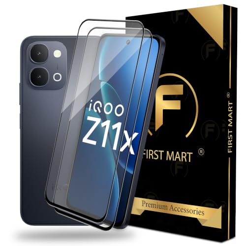Image of FIRST MART Tempered Glass Screen Protector for iQOO Z11x - Full-Glue Screen Guard, 3D Edge to Edge, HD Clear, Bubble-Free, Case-Friendly, Black, Pack of 2