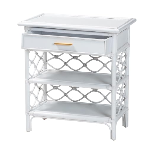 Bali & pari Akane Natural Rattan Nightstand with Drawer and Open Shelves – Coastal Bedside Table with Lattice Design, White - Image 4