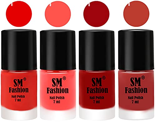 Image of Nail Polish Combo Set (Pack of 4) Quick Dry Gel Finish Nail Paint | Fire Orange,Baby Pink,Light Red,Dark Peach | 7 ml Each
