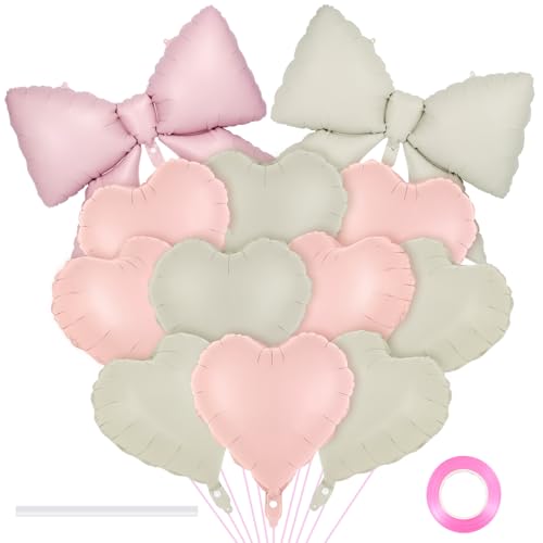 Image of 12 Pcs 18 Inch Heart Balloons and 38 Inch Bow Balloons, Large Foil Bow Heart Balloon Bow Party Decorations for Birthday Baby Shower Valentines Wedding Party
