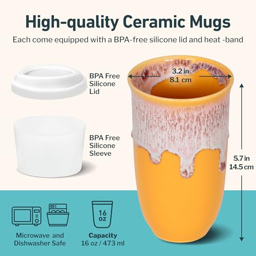 Image of NOVA CERAMICS Ceramic Tumbler- Ceramic Travel Mug With Lid - Microwave & Dishwasher Safe Coffee White & Orange Tumbler - Gifts For Women Men Him Her - 16oz - Grapefruit