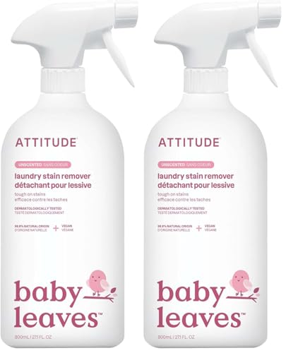 Image of ATTITUDE Laundry Stain Remover for Baby Clothes, Plant and Mineral-Based Ingredients, Vegan and Cruelty-free Household Products, Hypoallergenic, Unscented, 27 Fl Oz (Pack of 2)