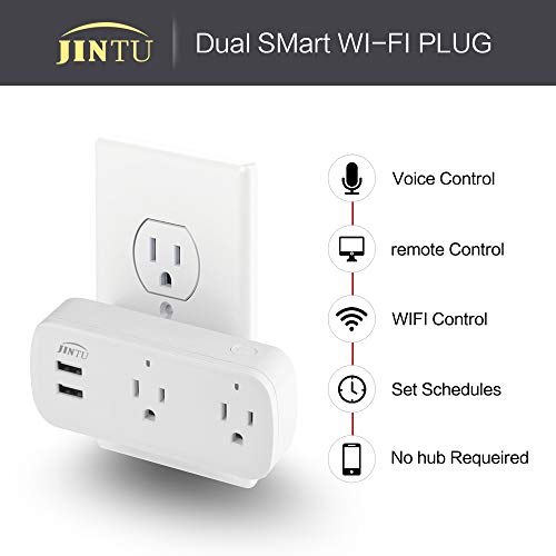 Smart Plug, JINTU Dual WiFi Socket Outlet 2 USB Charger Work with Alexa, Google, Remote Control by Smartphone, Voice Control, No Hub Required, Overload Protection