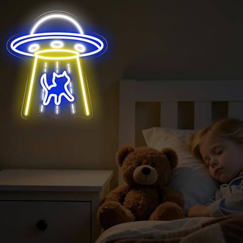 Image of UFO Neon Sign, UFO Cat Led Sign, Neon Led Wall Art, Game Room Neon Sign, Custom Neon Signs, Flying Saucer Bedroom Decor, Gift for Kids, 14 inchx13 inch