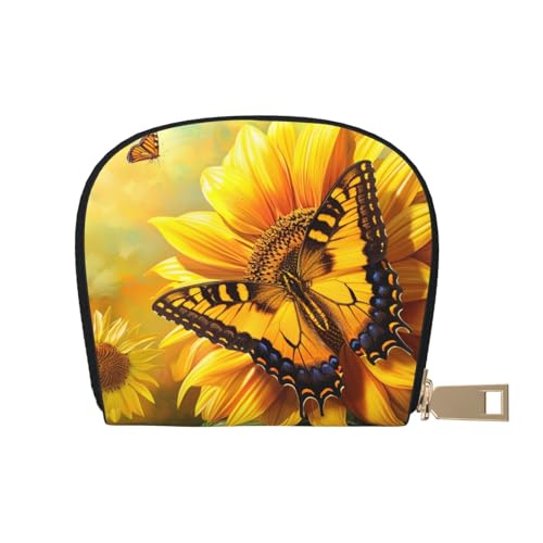 Sunflower Butterfly Sunny Printed Card Wallet for Women Men Cute Zipper Card Cases Holder Mini Coin Purse with 12 Card Slots