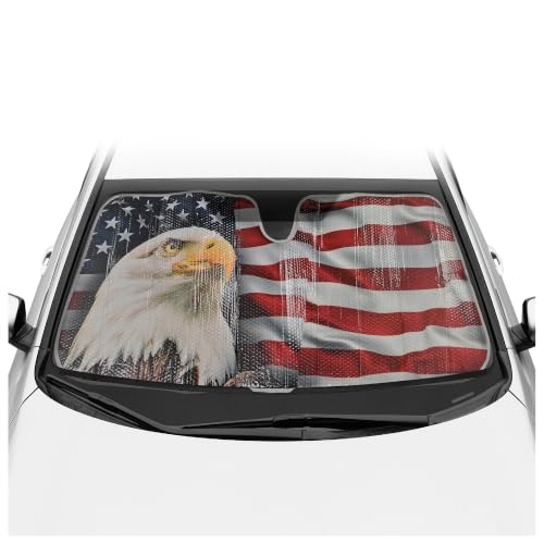 BDK USA Patriotic Eagle American Flag Sun Visor for Car Windshield Cover - Truck Window Shade 4th of July Car Flag Sun Visor for Truck Windshield Sunshade - Accordion Windshield Sun Shade 58 x 28