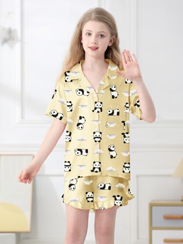 QZH.DUAO Girls Satin Silky Collar V Neck Ruffle Short Sleeve Top and Shorts Pajamas Set, Yellow Panda, 13-14 Years3