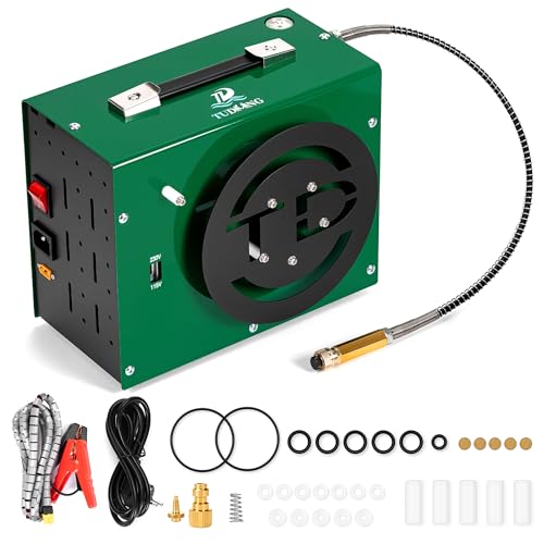 TUDIVING PCP Air Compressor 4500Psi/30Mpa HPA Compressor Built-in Power Converter for 12V DC or 220V AC with Wire Spool Design Water/Oil-Free for Pistol Paintball Scuba Tank Air Pump