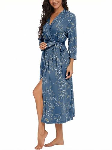Image of VINTATRE Robes for Women Long Knit Bathrobe XS-4XL | 3 /4 Sleeve Bathrobes with Pockets, Stretchy and Lightweight Fabric, Inner Tie and Fixed Outer Matching Belt, Mid Calf Length