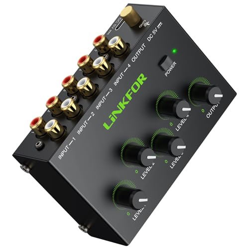 LiNKFOR Mini Mezclador de Audio Estéreo de 4 Canales,Mezclador Activo RCA con Control de Volumen Independiente para Live Broadcast DJ Karaoke