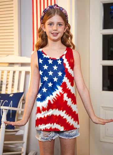 Image of 4th of July Girls Flag Tank Top Back Bow Sleeveless Patriotic Holidays T-Shirt 4-14 Years