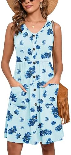 Heymoments Women's Summer Dresses Sleeveless Casual Fashion Loose Swing Button Down Beach Dress with Pockets
