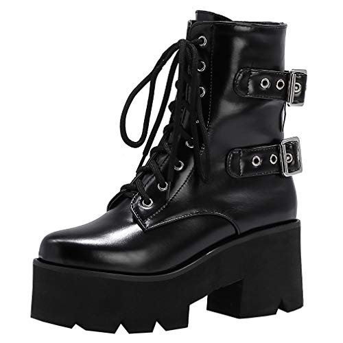 Image of Parisuit Womens Goth Patent Ankle Boots Platform Chunky Combat Boots | Lace Up, Gothic Boots, High Heel, Punk Short Booties, Buckle Boots, Chain Boots