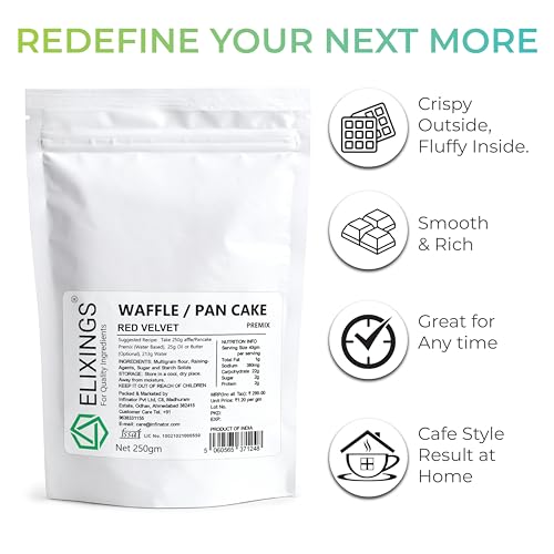 Image of Elixings French Red Velvet Waffle & Pancake Premix 250gm, Multigrain, 100% Vegetarian and Eggless, No Added Preservatives