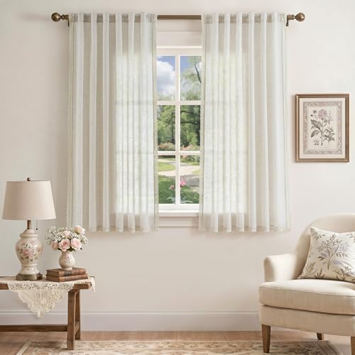Image of jinchan Linen Curtains with Lace Trim Beige Curtains for Living Room 63 Inch Length Rod Pocket Rustic Farmhouse Curtains Semi Sheer Light Filtering Drapes Bedroom Window Curtain Set 2 Panels