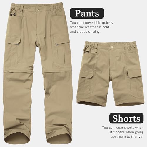 Mens Hiking Convertible Cargo Pants Lightweight Quick Dry Zip Off Waterproof Outdoor Safari Travel Fishing Hunting Tactical Pants,227,Khaki-32