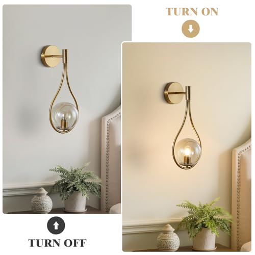 Image of KCO Lighting Teardrop Wall Sconce Brass Gold Wall Sconce Set of 2 Vintage Amber Glass Wall Light Mid Century Modern Bathroom Vanity Light