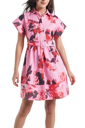Image of D-Sun Women Button Down Shirt Dress V-Neck Floral Printed Short Sleeve Mini Dress Casual Belted Short Party with Pocket