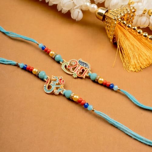 Image of Traditional Handmade Beaded Rakhi For Raksha Bandhan| Hand Bracelet For Brother| Wrist Band For Bhaiya & Bhabhi | Trendy Combination Designs Protective Thread Combo-Set Of 2