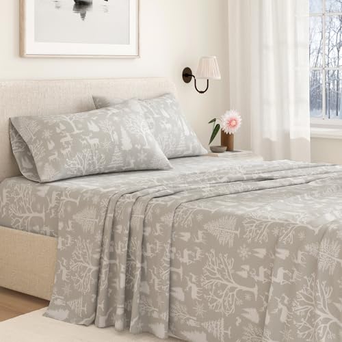 Image of Great Bay Home Flannel Sheet Set Full Size - 100% Turkish Cotton, Double-Brushed, Lodge-Printed Bed Sheets - Ultra-Soft, Cozy, 4-Piece Bedding Set (Enchanted Woods - Grey)