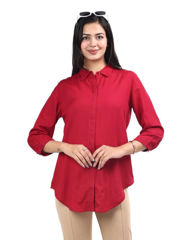 Image of Mlada Hemline Solid Shirts for Women | 3 /4 Sleeves Classic Rayon Shirt for Office Wear | Collared Neck Shirt for Girls | Regular Fit Shirts | Smart Formal Button Down Shirt for Women