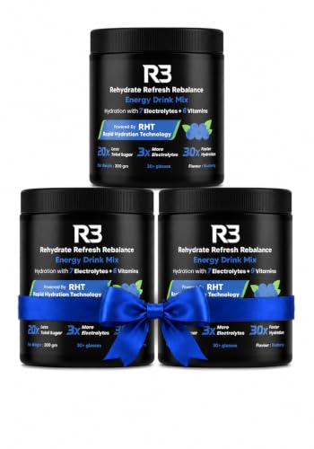 Image of Mega Value | R3 Instant Electrolyte Powder Mix | 500 mg Sodium 2:1 Na:K | 7 Electrolytes Na K Mg Ca Cl Zn SO4 | Fast Dissolve Drink | Workout Hydration & Sustained Boost | Blueberry Flavour | 30+ servings /7.5 Ltr | 200 g (Pacl of 3)