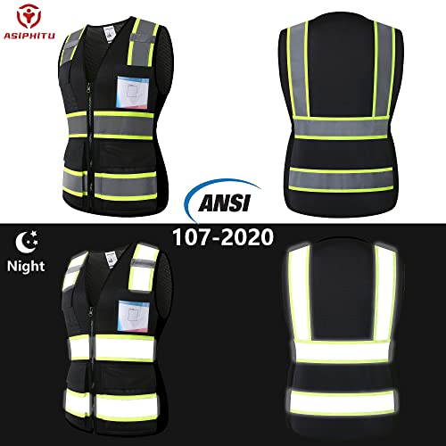 Asiphitu Reflective Safety Vest For Women High Visibility Security Vest With Pockets Zipper Front Work Vest With Reflective Strips Meets Ansi/Isea Standards(W-Black-S) #TOP5