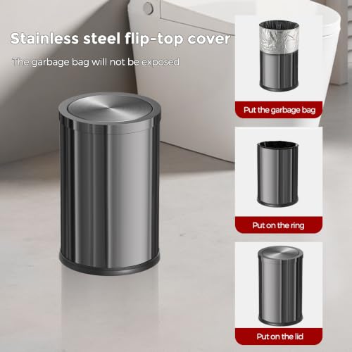 Image of Stainless Steel Trash can,Bathroom Trash can with lid,Small Trash Can with Flipping Lid, 9 L,Garbage cans for Kitchen,Living Room. Metallic Gold (Gun Gery)