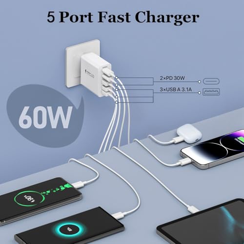 Image of 【2-Pack】 iPhone Fast USBC Charger, 80W USB C Wall Charger, Dual-30W Multiport Fast Charging Block, 5-Port Universal Plug Compatible with iPhone 17 /16 /15, Galaxy S25 /S24 /S23, iPad