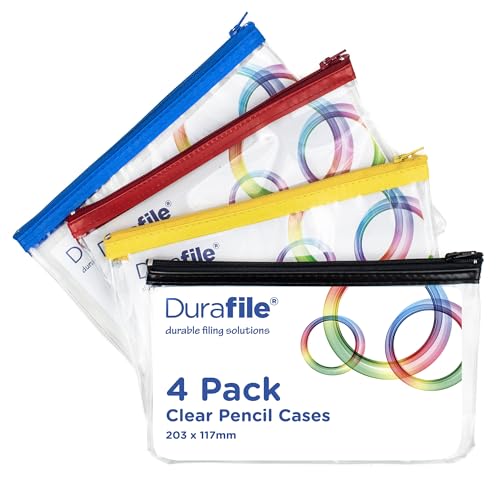 Durafile Clear Pencil case, Pack of 4, Small. Clear 203 x 117mm, Assorted Colours Metal Zipper, Waterproof, Versatile Storage