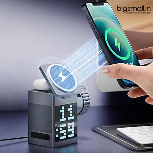Image of Bigsmall Magnetic 3-in-1 Wireless Charger for iPhone 17 /16 /15 /14 /13 /12 Series, Apple Watch & Air Pods | Fast Charging Stand with Digital Clock & Night Light | Black
