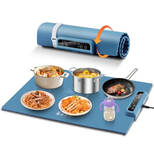 Warming Mat for Food, Full Surface Heating Electric Warming Tray for food, 3-Temperature Settings Portable Food Warming Mat, Auto Shut-Off Rollable Warming Trays for Buffets Party, Gatherings Blue