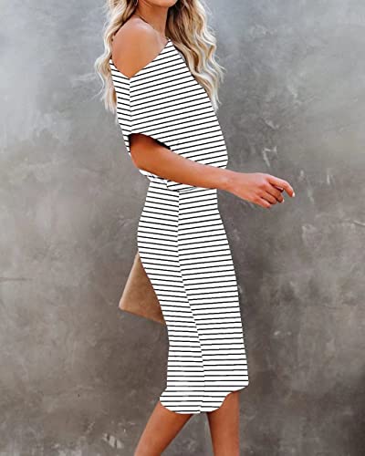 Image of EZBELLE Women's Summer Dress Off The Shoulder Short Sleeve Ribbed Casual Party Bodycon Midi Dresses