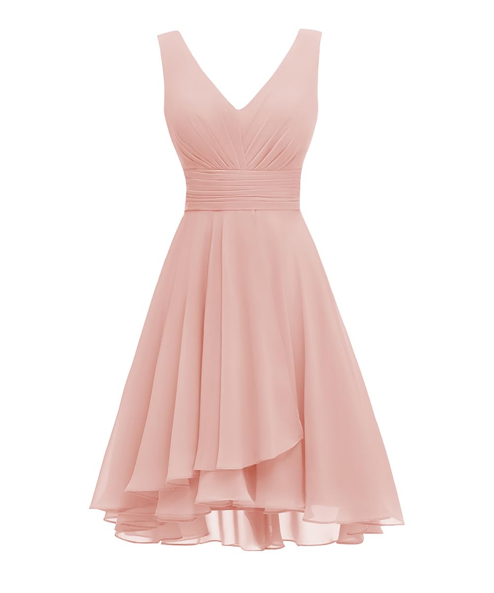 RSOETOO Women’s Double V Neck Short Bridesmaid Dresses 2026 Ruched Chiffon Formal Homecoming Dress for Party RON055