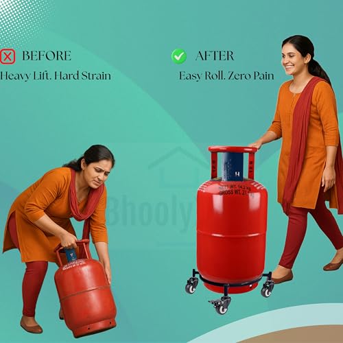 Image of Gas Cylinder Trolley with Wheels - Black | Heavy Duty Steel LPG Cylinder Stand | 360 Smooth Rolling Caster Wheels | Rust Resistant Cylinder Holder for Kitchen & Home