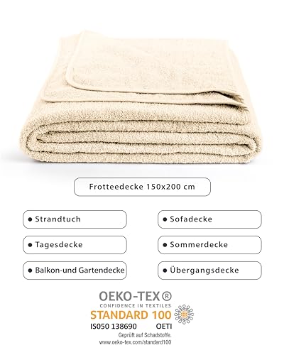 Gräfenstayn LAYNENBURG Premium Frotteedecke 150x200 cm - 100% Baumwolle - dünne & leichte Sommerdecke - Baumwolldecke als Sofa-Decke & Bettdecke - Frottierdecke & kühlende Sofa-Decke (Creme)