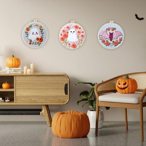 Image of LB Pink Halloween Embroidery Kit for Beginners Adults, 3 Sets Hand Embroidery Starter Kit with Ghost Pattern and Instructions Stamped Cross Stitch Kits Include Embroidery Hoop Needles Threads Scissors