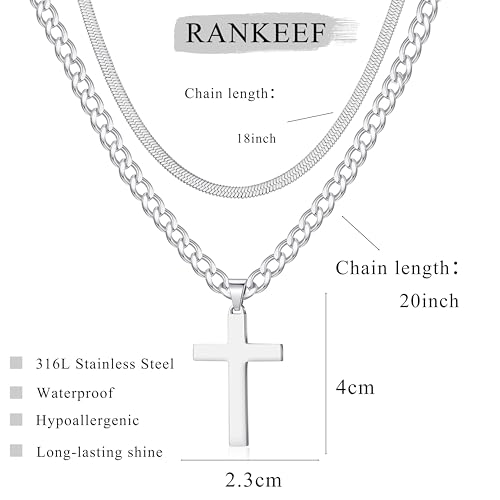 RANKEEF 2Pcs Layered Cross Necklace for Men Stainless Steel Cross Necklace Christian Cross Pendant Hypoallergenic Snake Rope Cuban Link Cross Chain For Men 18-24 Inches3
