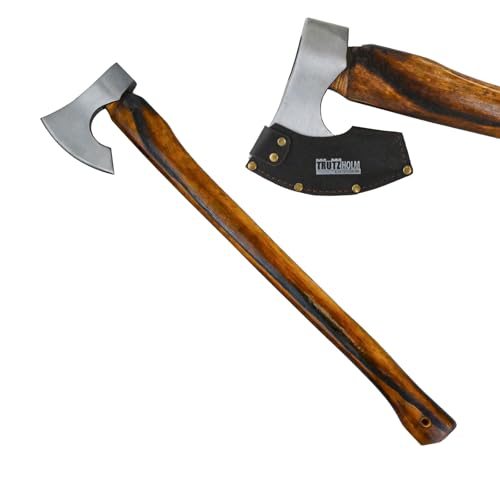 TRUTZHOLM B-Ware Axt Vintage aus C45 Stahl Griff aus Hickoryholz geflammt Freizeitbeil zum Spalten von Holz, Entasten von Bäumen mit Klingenschutz aus Leder (Axt 700 mm)
