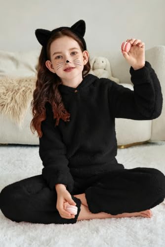 Image of Arshiner Girls 2 Piece Outfits Sweatsuit Fuzzy Long Sleeve Bear Ear Hoodie Sweatshirt and Sweatpant Kids Clothing Sets