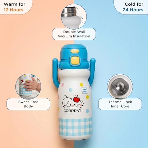 Image of Mee Mee Hydro Flow Kids Insulated Water Bottle 500ml | SS316L Stainless Steel | 24H Cold & 12H Warm | Leakproof Straw Sipper | BPA-Free School Bottle with Strap for Kids
