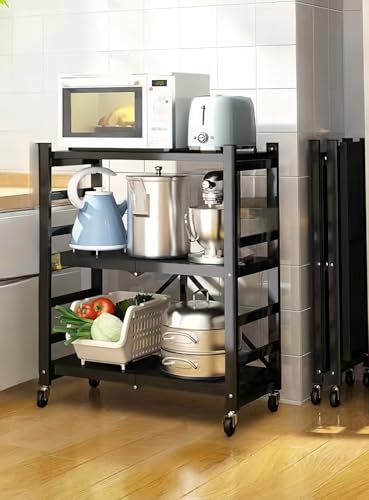 Mudfuio スチールラック メタルラック キャスター付き 折りたたみラック オープンラック キッチン収納 折り畳みラック 折り畳み棚 収納棚 大容量 省スペース スストッパー付き キャスター 移動便利 防サビ加工 組立簡単 食器棚 レンジ台 キッチン/