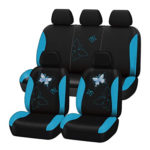Flying Banner Fashion Lace Colorful Butterfly Car Seat Covers Full Set for 5 Seater(Full Set, Mint Blue)